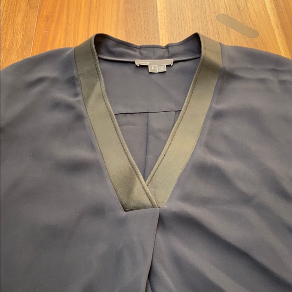 VINCE Navy blouse with Black leather trim